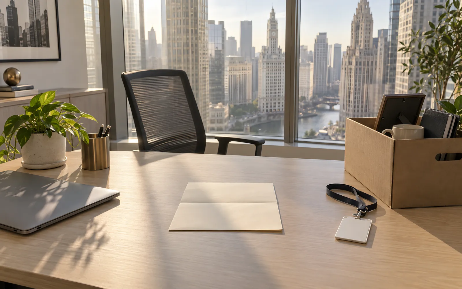 An empty office desk in morning light with a resignation letter and an employee badge