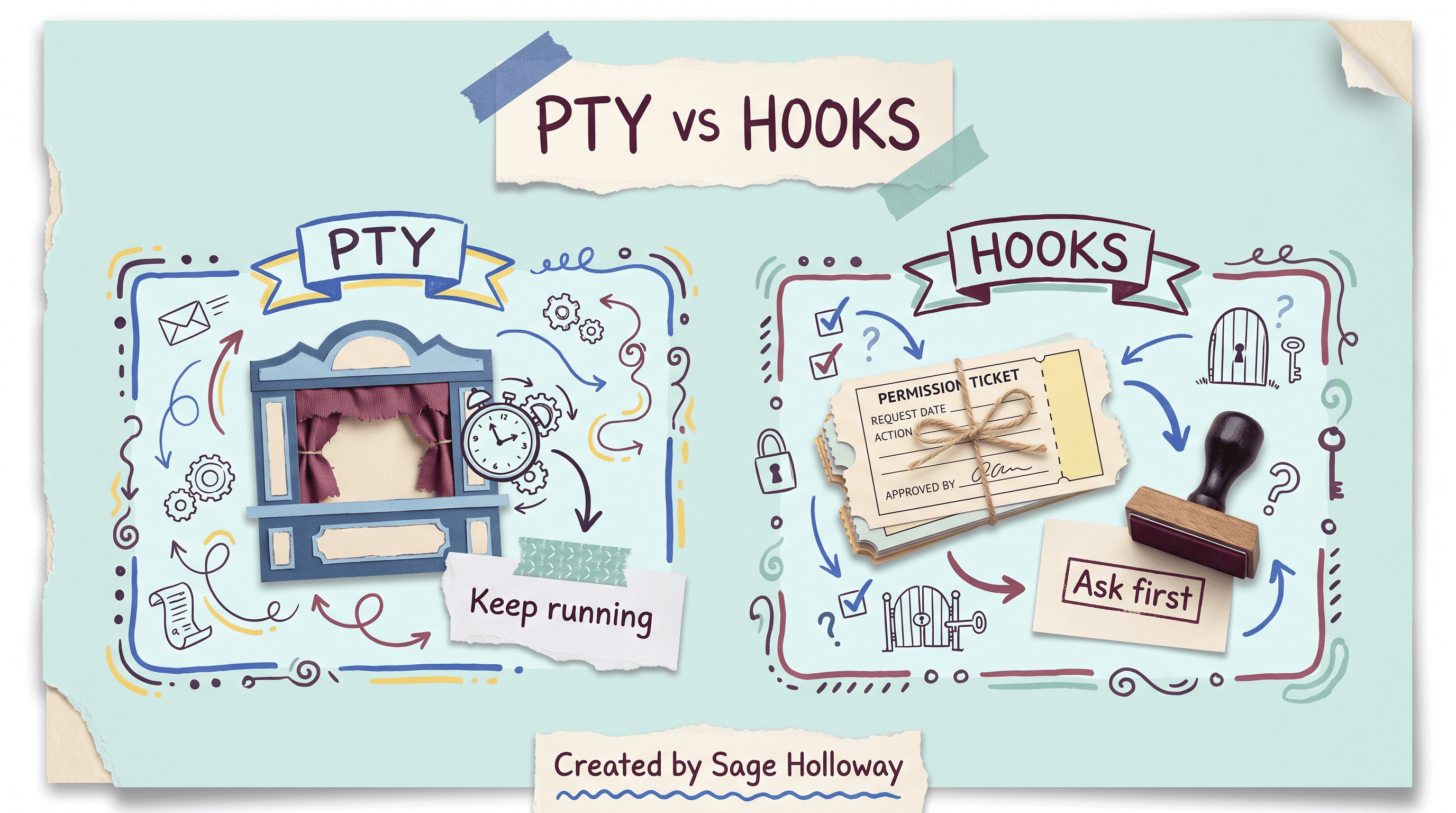 Scrapbook diagram comparing Gemini CLI PTY shell snapshots with Claude Code permission hooks