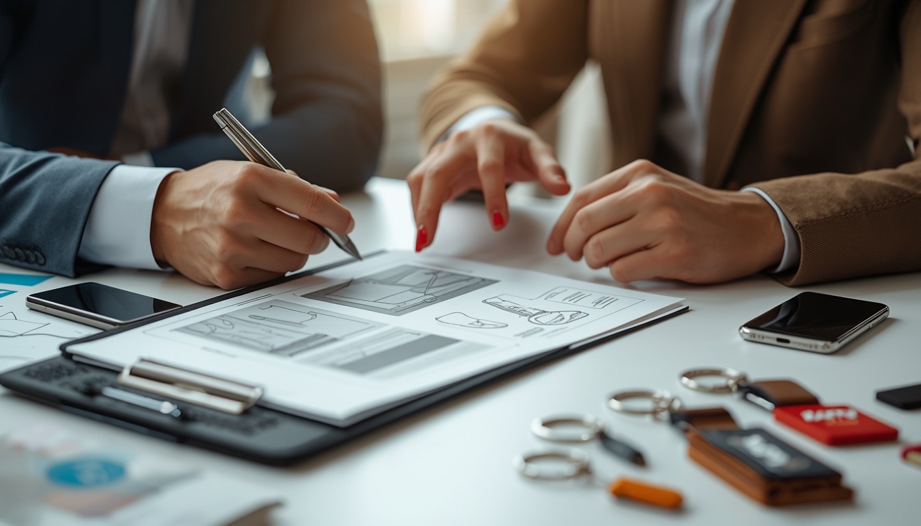 A_business_owner_discussing_product_ideas_with_a_designer_table_with_sketches_br-0