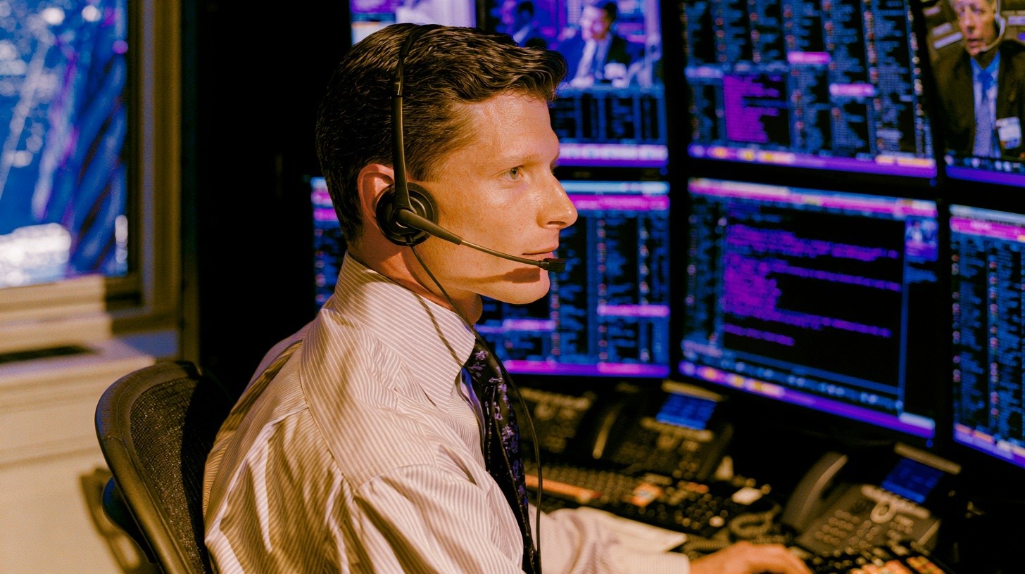 A collections supervisor oversees several AI-assisted customer calls from a calm operations station, with one escalated conversation ready for direct human intervention