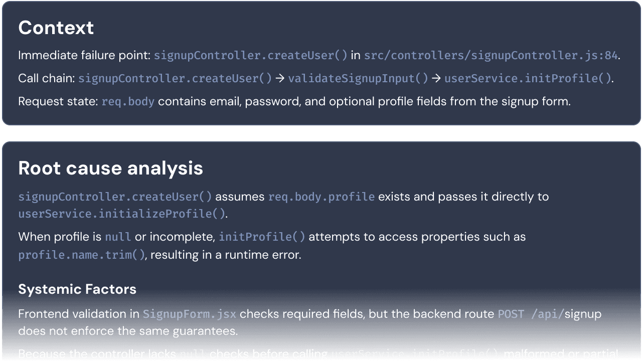 An example of a finished root cause analysis as it would appear in Rollbar's UI.