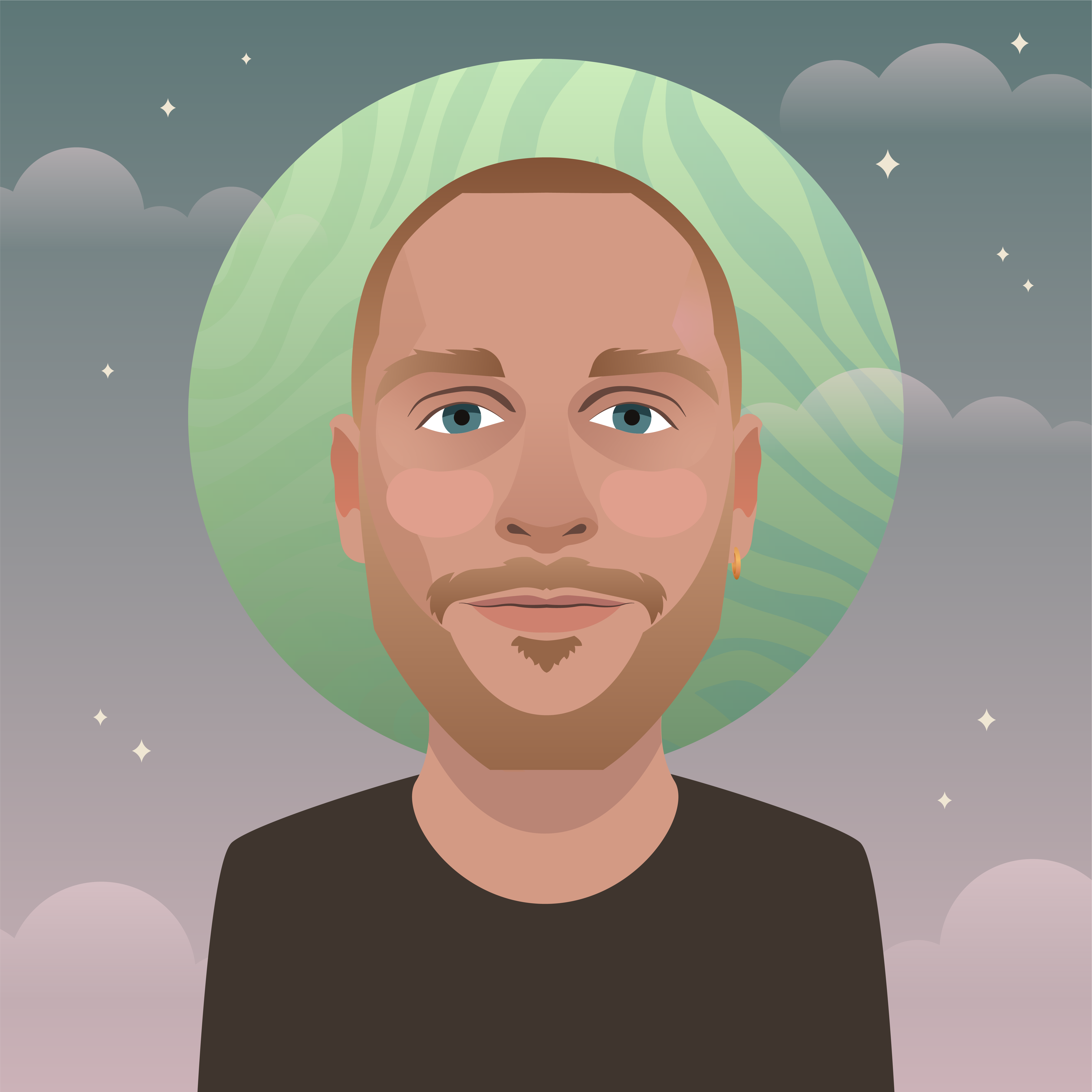 A man reading from a tablet in a collaborative office environment. Desks with documents and a discussion between colleagues are visible in the background.