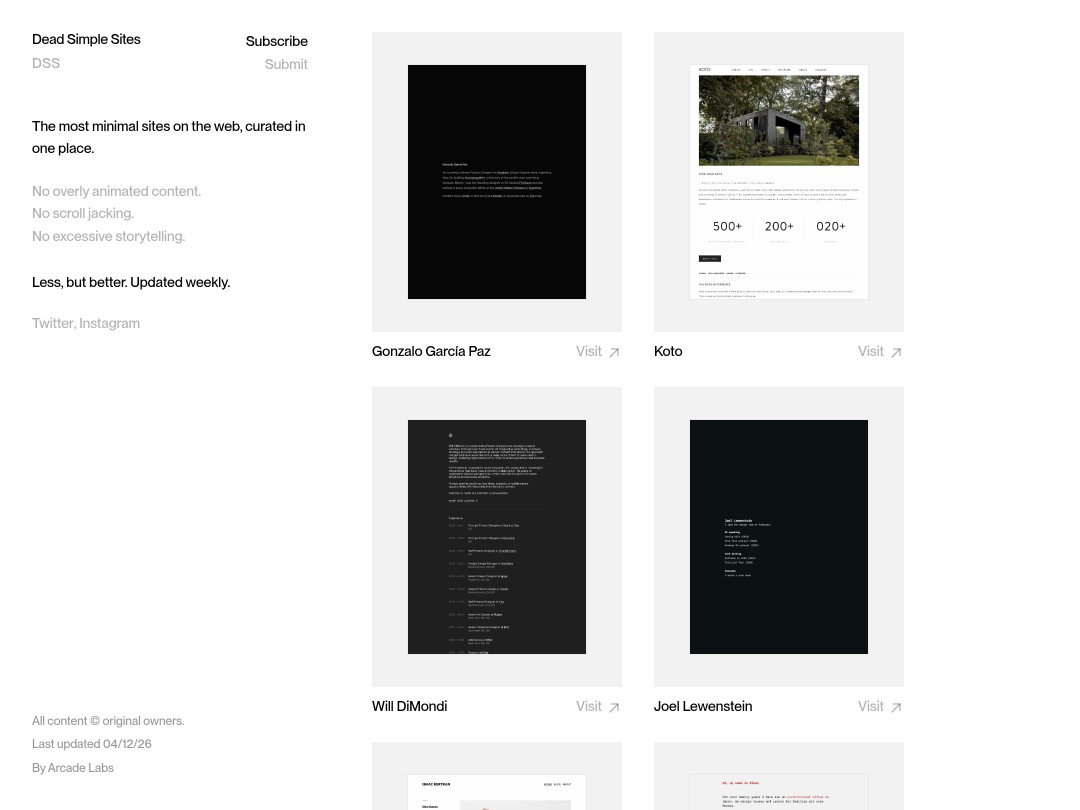 Minimalist website gallery with site previews and descriptive text.