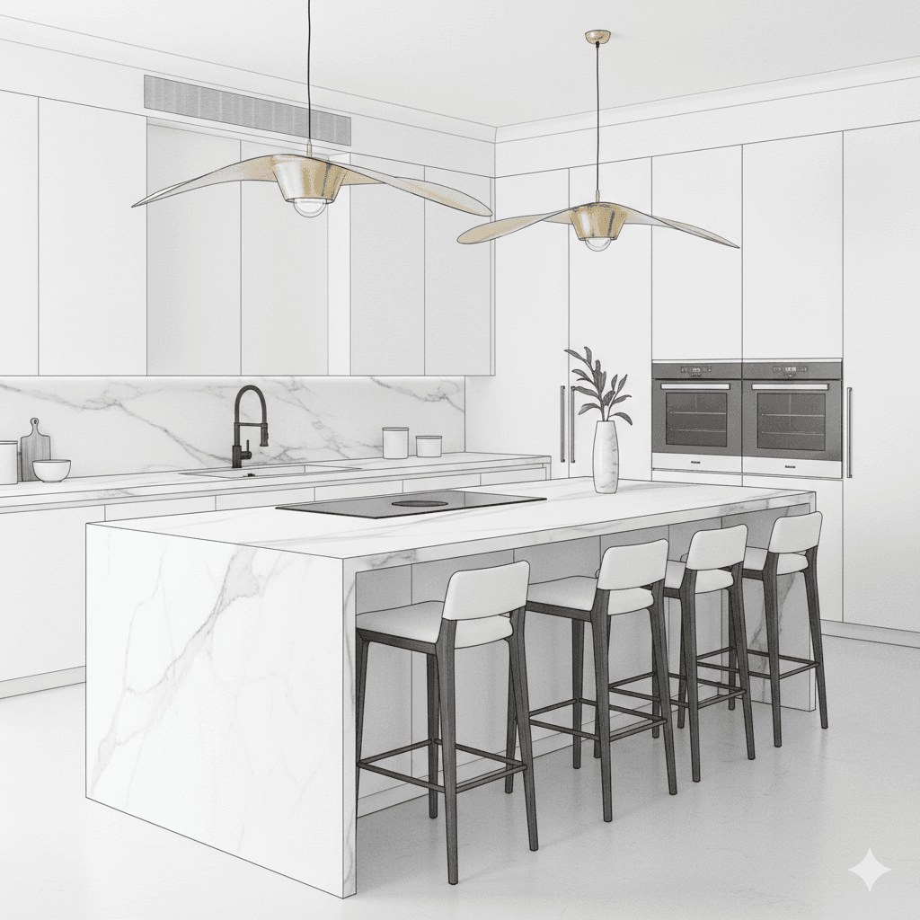 Modern luxury island kitchen in M3M Noida apartment, featuring white granite and high-end design.