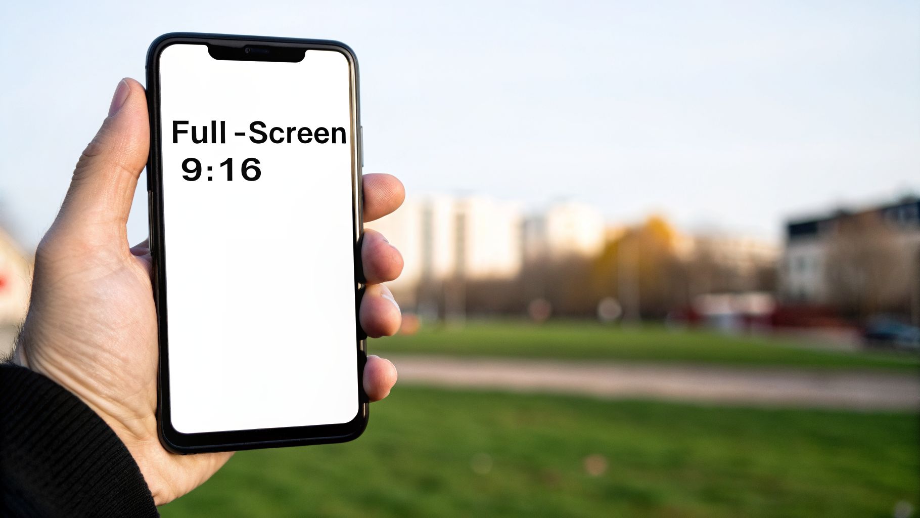 A hand holds a modern smartphone vertically, displaying 'Full-Screen 9:16' on its white screen, outdoors.