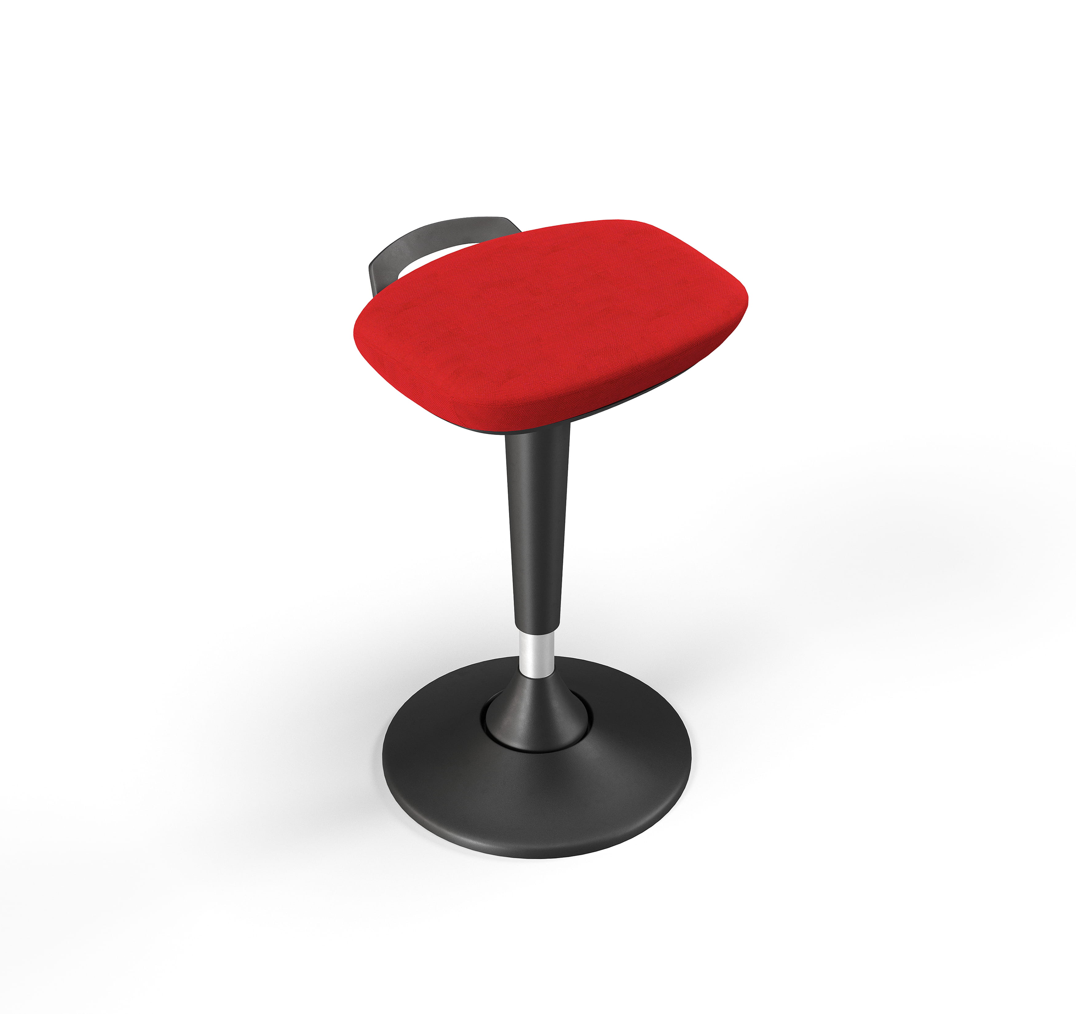 Ergonomic sit-stand stool with cushioned seat and pedestal base in red finish