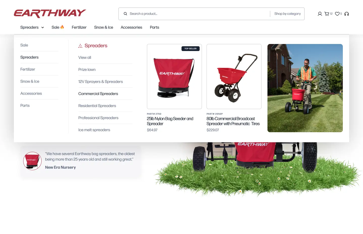 A webpage showing a red lawn spreader alongside a grassy area, with product details listed.