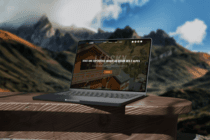 Mockup du site web Léosky affiché sur un ordinateur portable avec vue sur les Alpes, mettant en avant une expérience unique au cœur des montagnes.