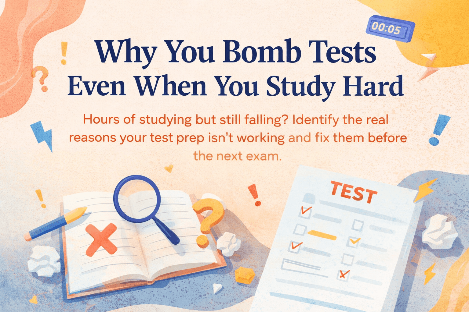 Why You Bomb Tests Even When You Study Hard, stressed student with failed test, books and clock showing why tests fail.