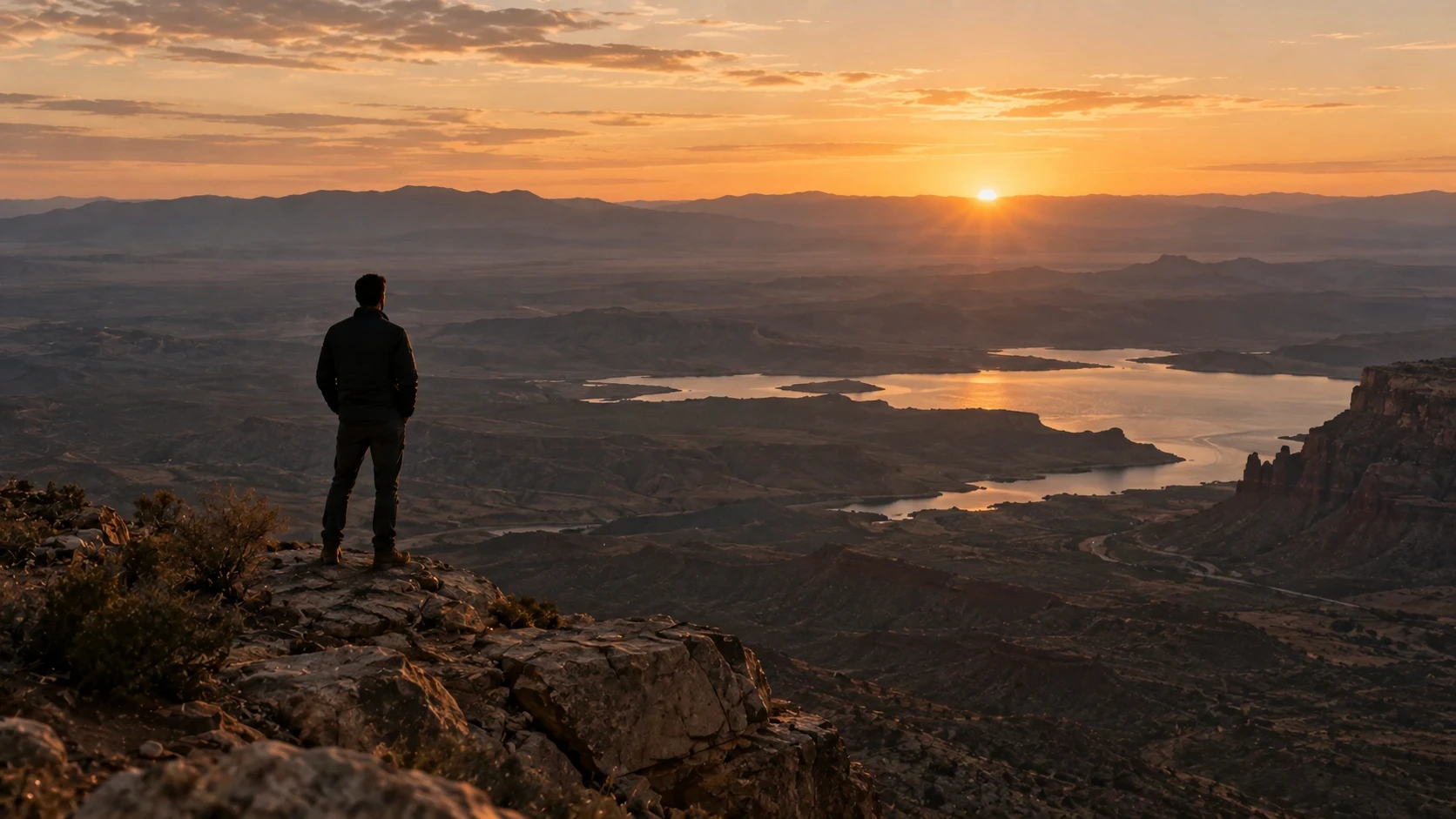 Lone figure overlooking Southwest desert landscape representing the pessimistic lender investment philosophy