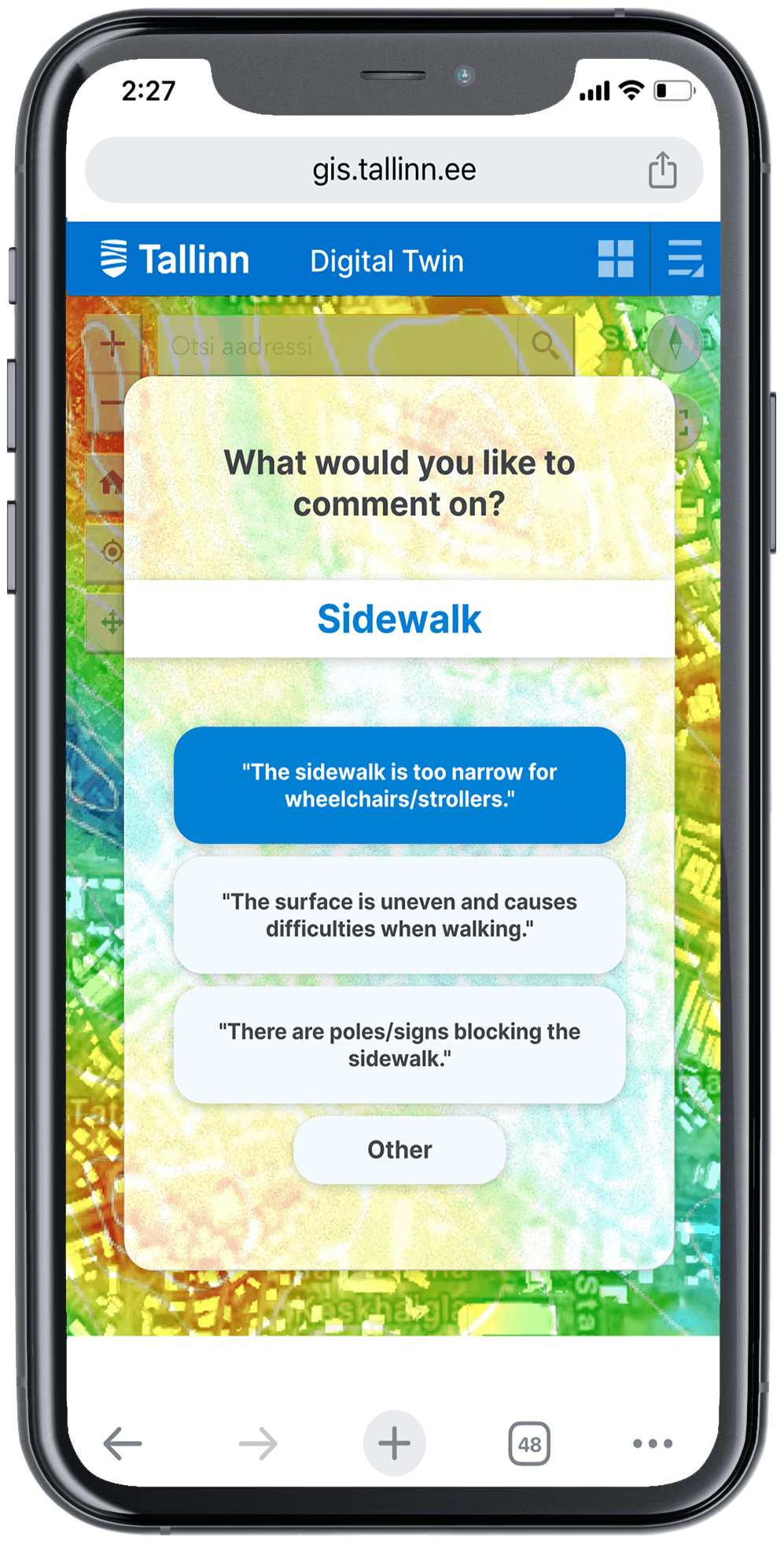 Phone screen prototype of the same "What would you like to comment on" message, but now the user has chosen "Sidewalk" as the category of their compaint, and now the options are "The sidewalk is too narrow for wheelchairs/strollers.", "The surface is uneven and causes difficulties when walking.", "There are poles / signs blocking the sidewalk.", and "Other".