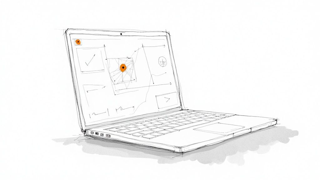 An artistic sketch of a laptop displaying web design or analytics data with orange focus points.