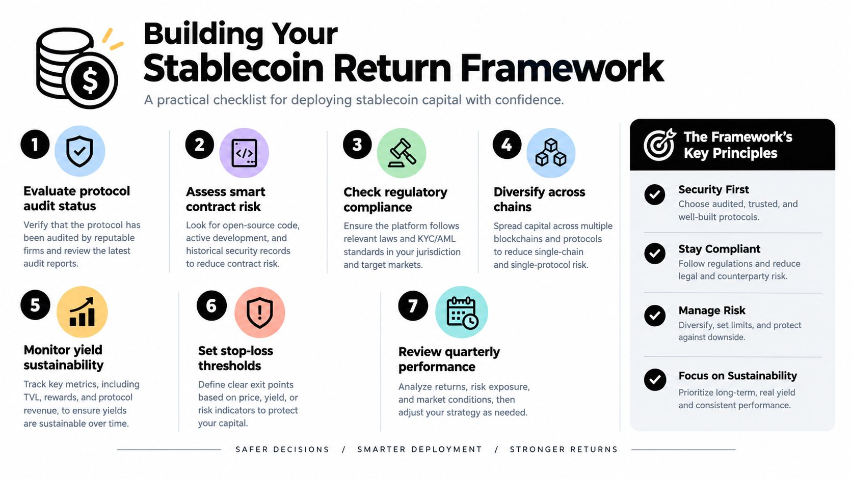 A checklist infographic titled Building Your Stablecoin Return Framework, illustrating seven essential steps for deploying stablecoin capital securely.