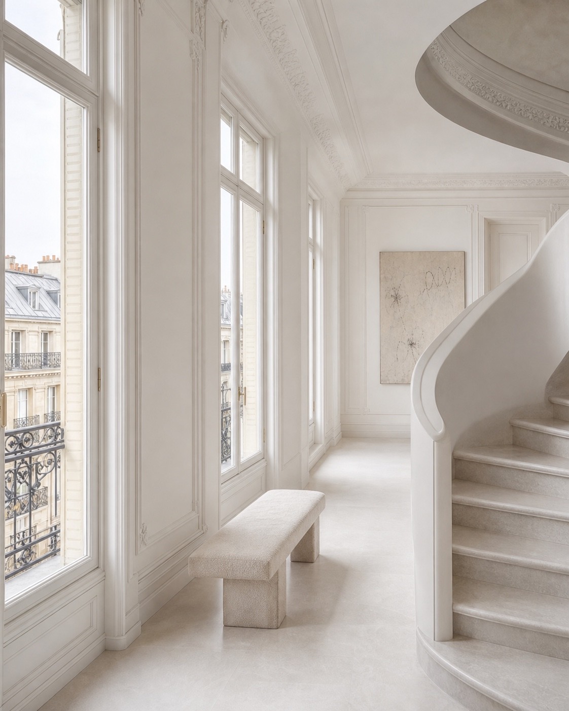 White Paris penthouse gallery and sculptural staircase