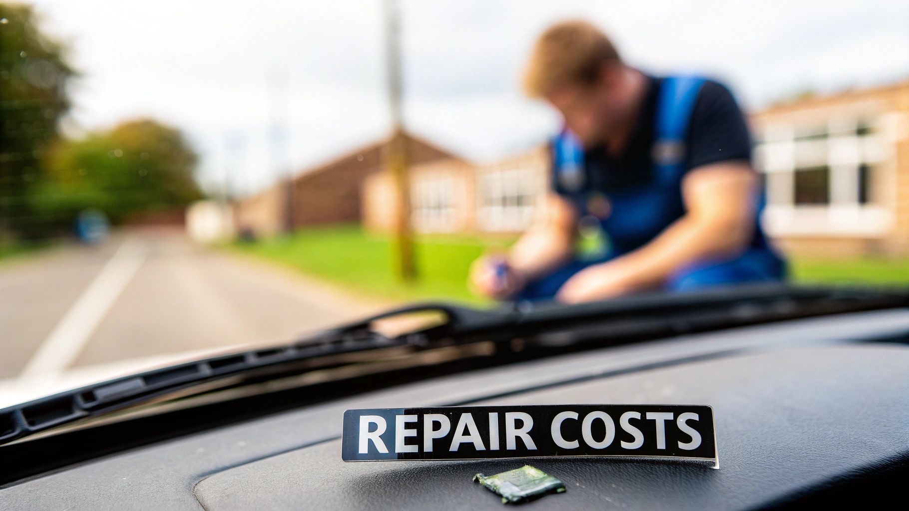 A 'REPAIR COSTS' sign sits on a car dashboard, with a blurry mechanic working on a vehicle outside.