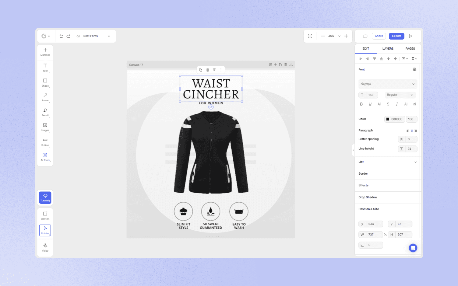 Glorify-app-waist-cincher-for-women-alegreya-sc-open-sans-bold-fonts