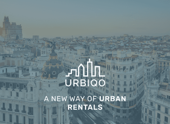Urbiqo case study cover: panoramic view of Madrid with a white urban skyline logo and the tagline 'A new way of urban rentals.' Below, the title reads 'Designing for Dignity: Rethinking room rentals in Madrid.