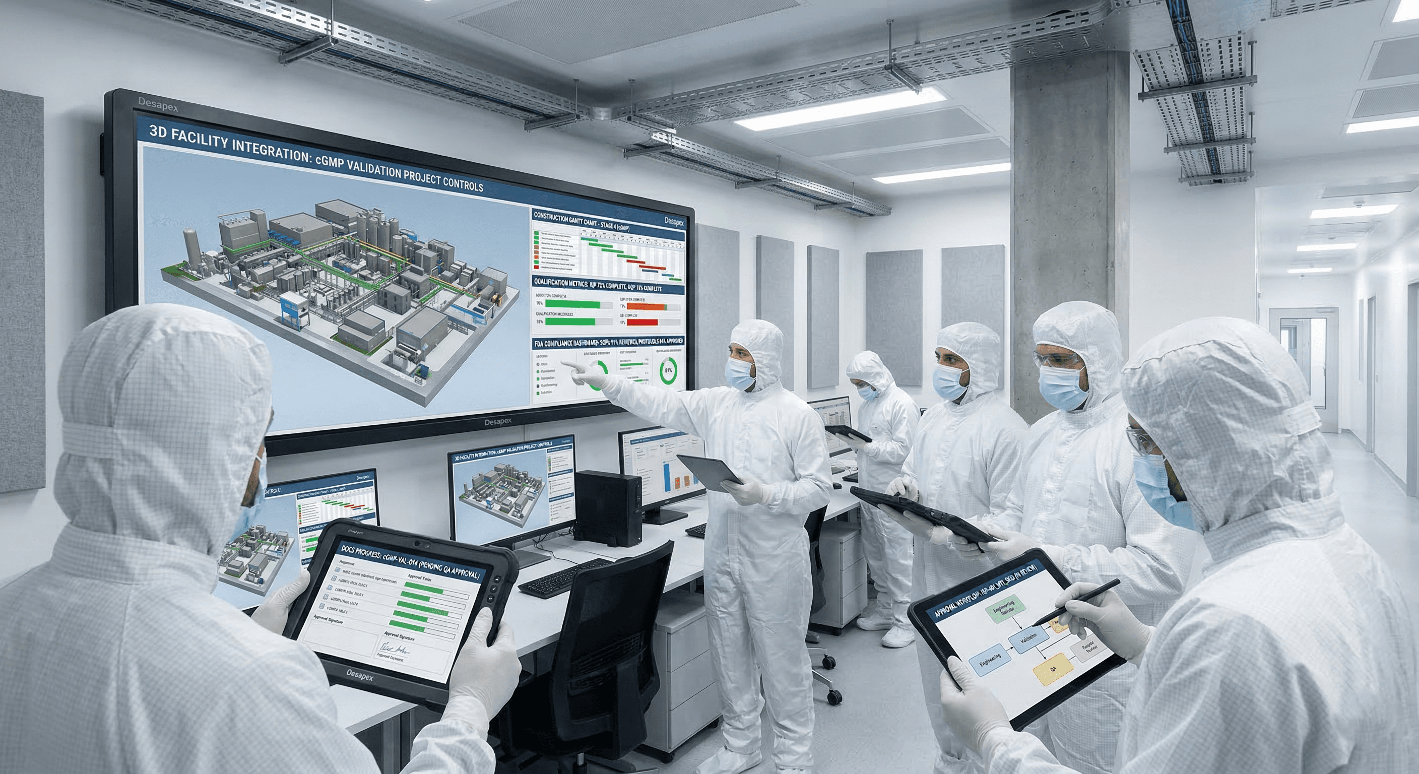 A man stands while two people sit at a table in an office setting, smiling and engaged in conversation. The mood is friendly and collaborative.