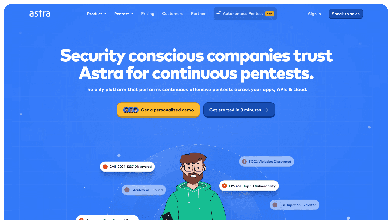 Astra Security homepage with the headline Security conscious companies trust Astra for continuous pentests