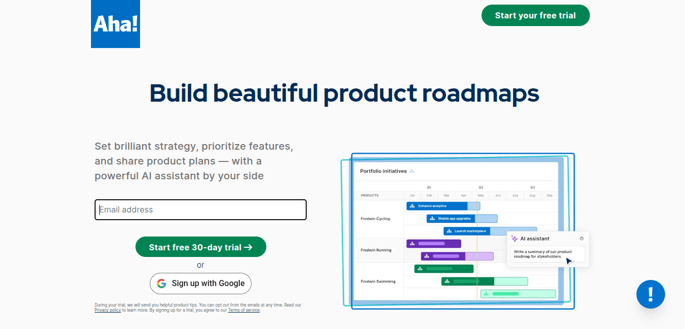 Aha! homepage showing its product roadmap and strategy platform