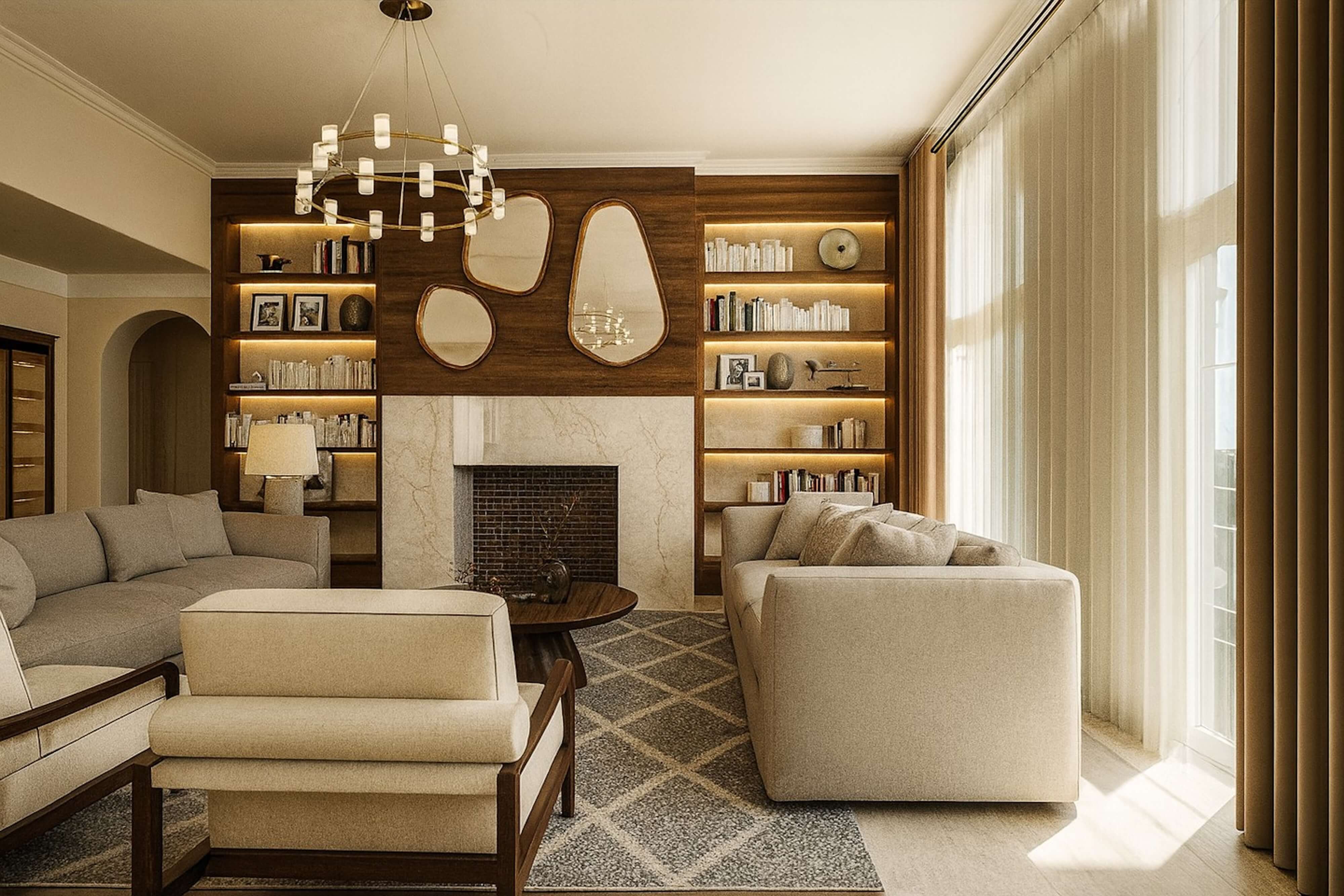 Elegant living room with custom walnut built-ins, sculptural mirrors, upholstered seating, and a marble fireplace.