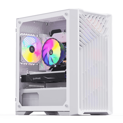 Elegant white gaming PC featuring a modern design with vibrant RGB fans visible through the side panel. Optimized for high performance, this build is ideal for gamers seeking top-tier components, including the best PC builds for 2023. Perfect for gaming configurations, modded setups, and budget-friendly gaming builds. Designed for enthusiasts who value aesthetics and efficiency, this gaming PC excels in FPS performance and online gaming experiences.