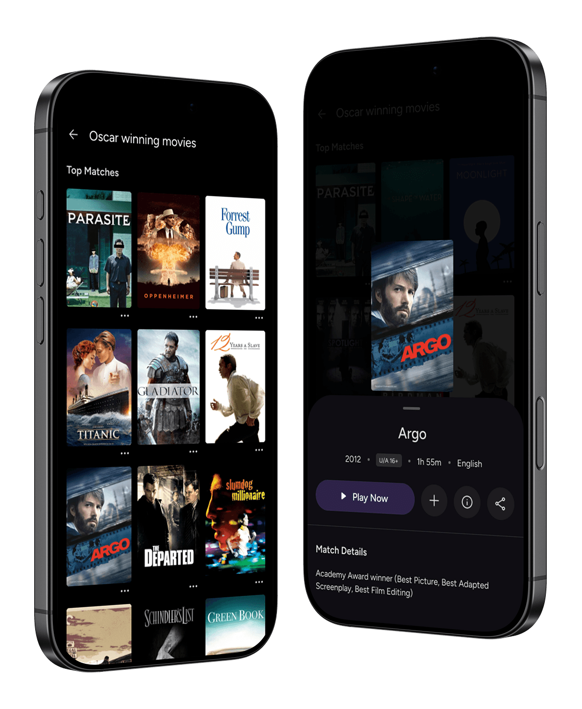 Search results for award-related queries with specific Oscar metadata highlighted for the movie Argo