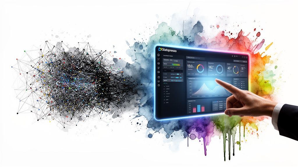 A hand touching a digital dashboard visualizing complex data networks against a colorful watercolor splash background.