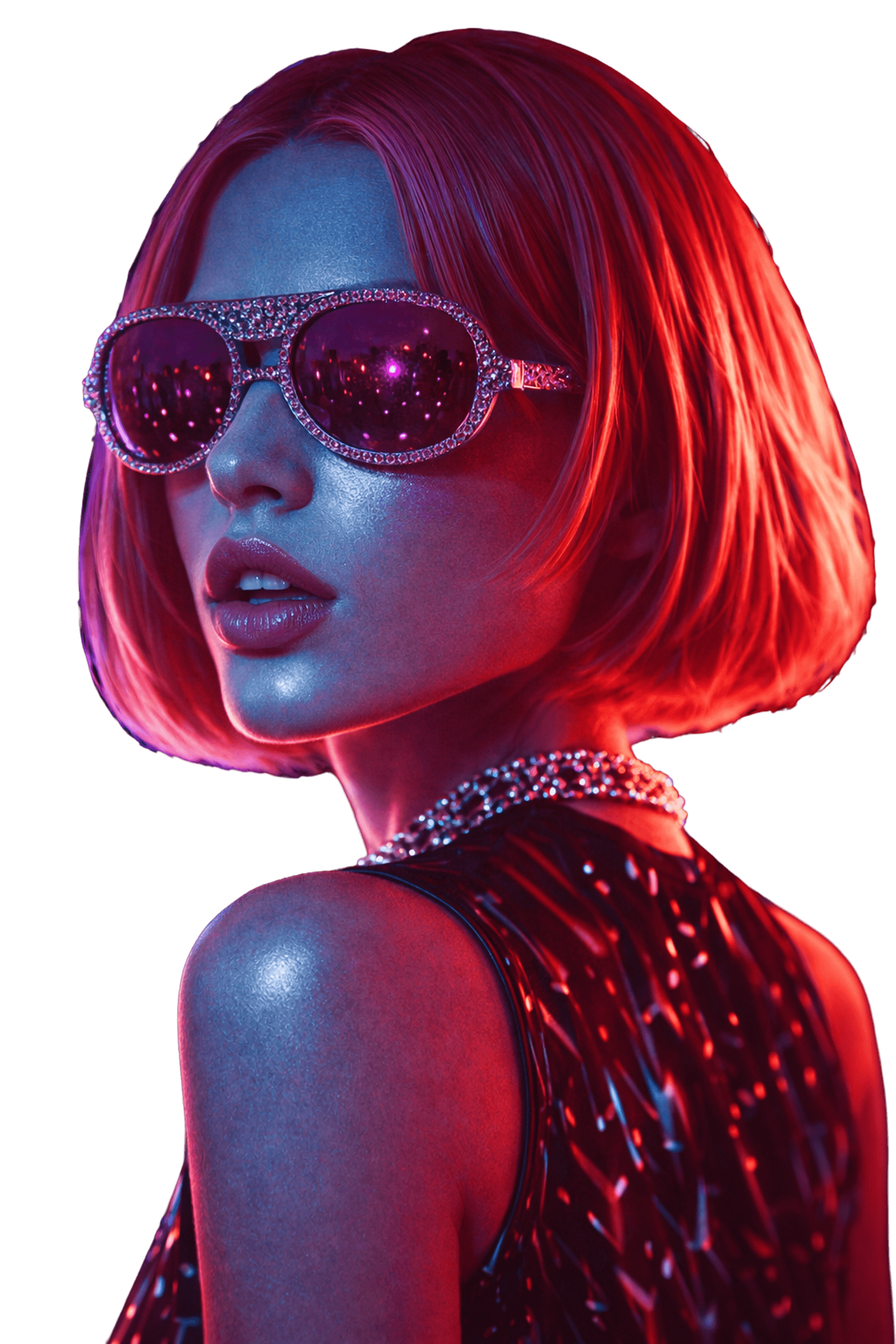A young women with a short bob hairstyle wearing sunglasses, illuminated by vibrant red and blue lights.
