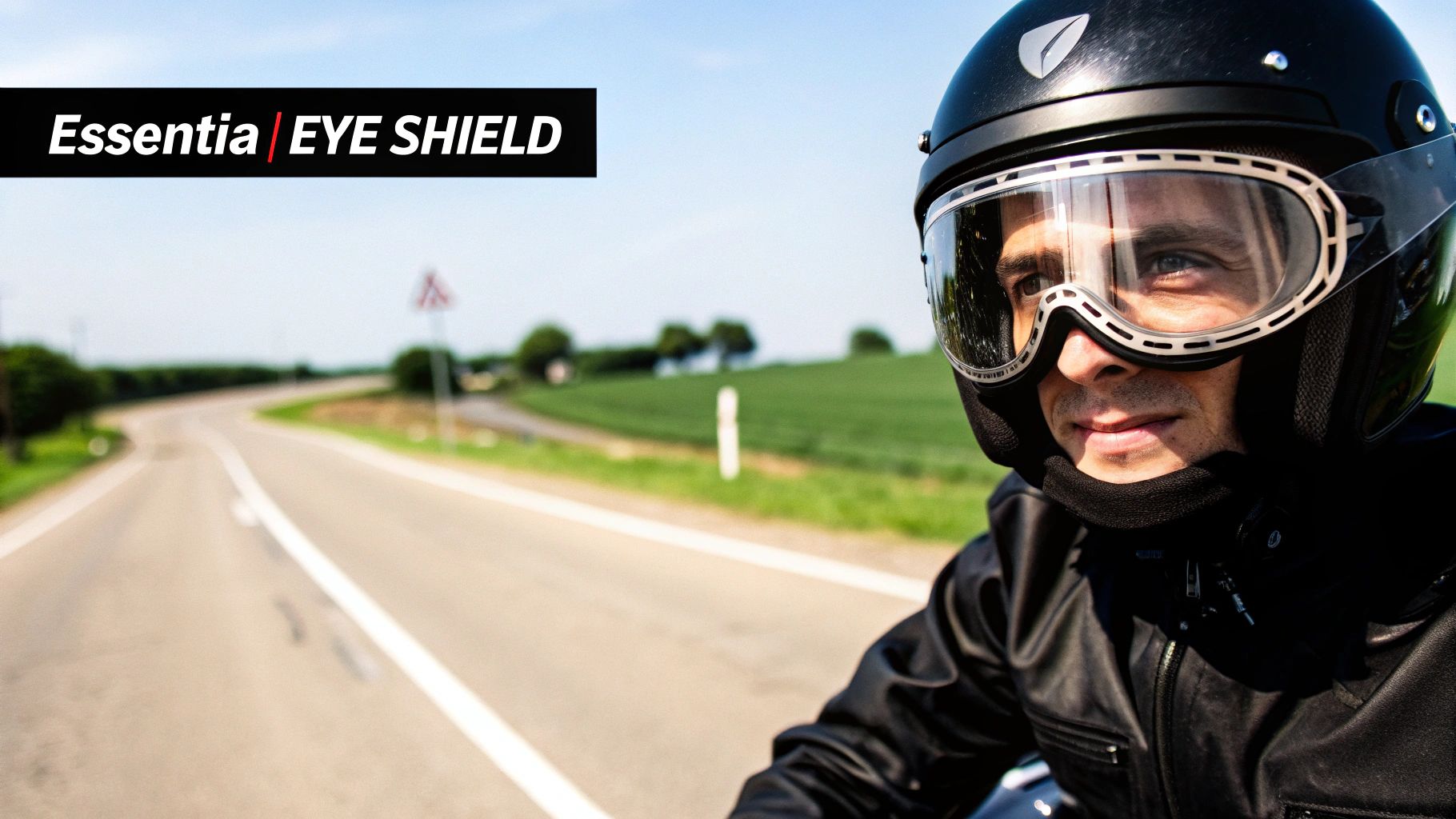 A motorcyclist wearing a helmet and protective eyewear, riding on an open road.