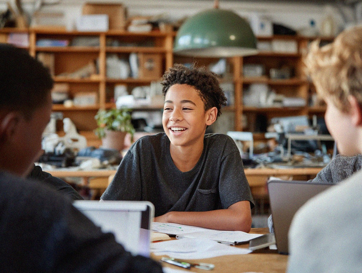 A group of students sit around a table in a classroom or workshop setting. In the center, one student smiles while talking, with notebooks and papers spread out on the table. Other students sit nearby with laptops open, suggesting collaboration or a group project. Shelves filled with tools and materials line the background, creating a hands-on learning environment.