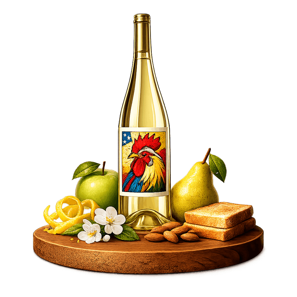 Artistic label and flavor profile for French Crémant on a rustic wooden table.