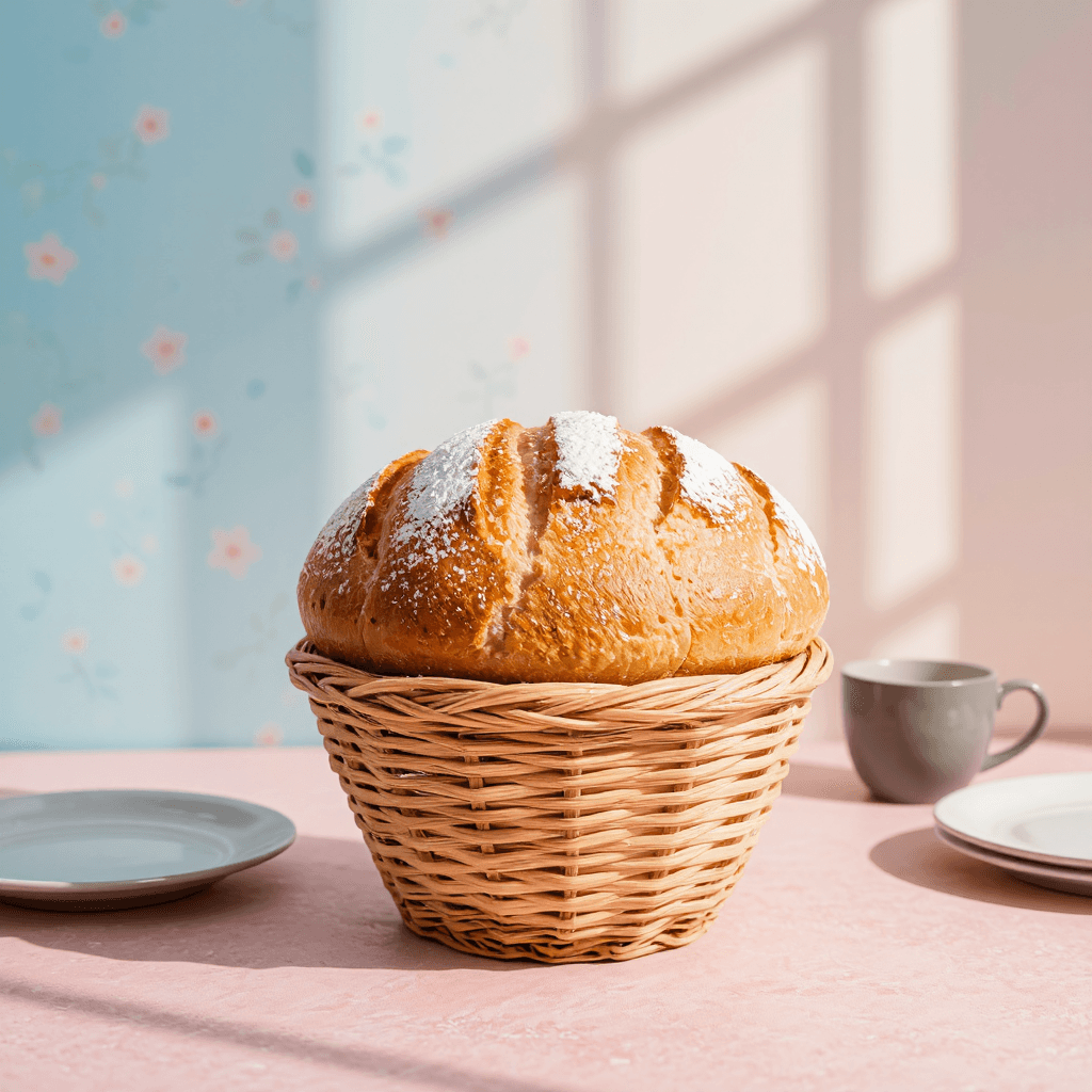 product photography of a loaf of bread in a basket