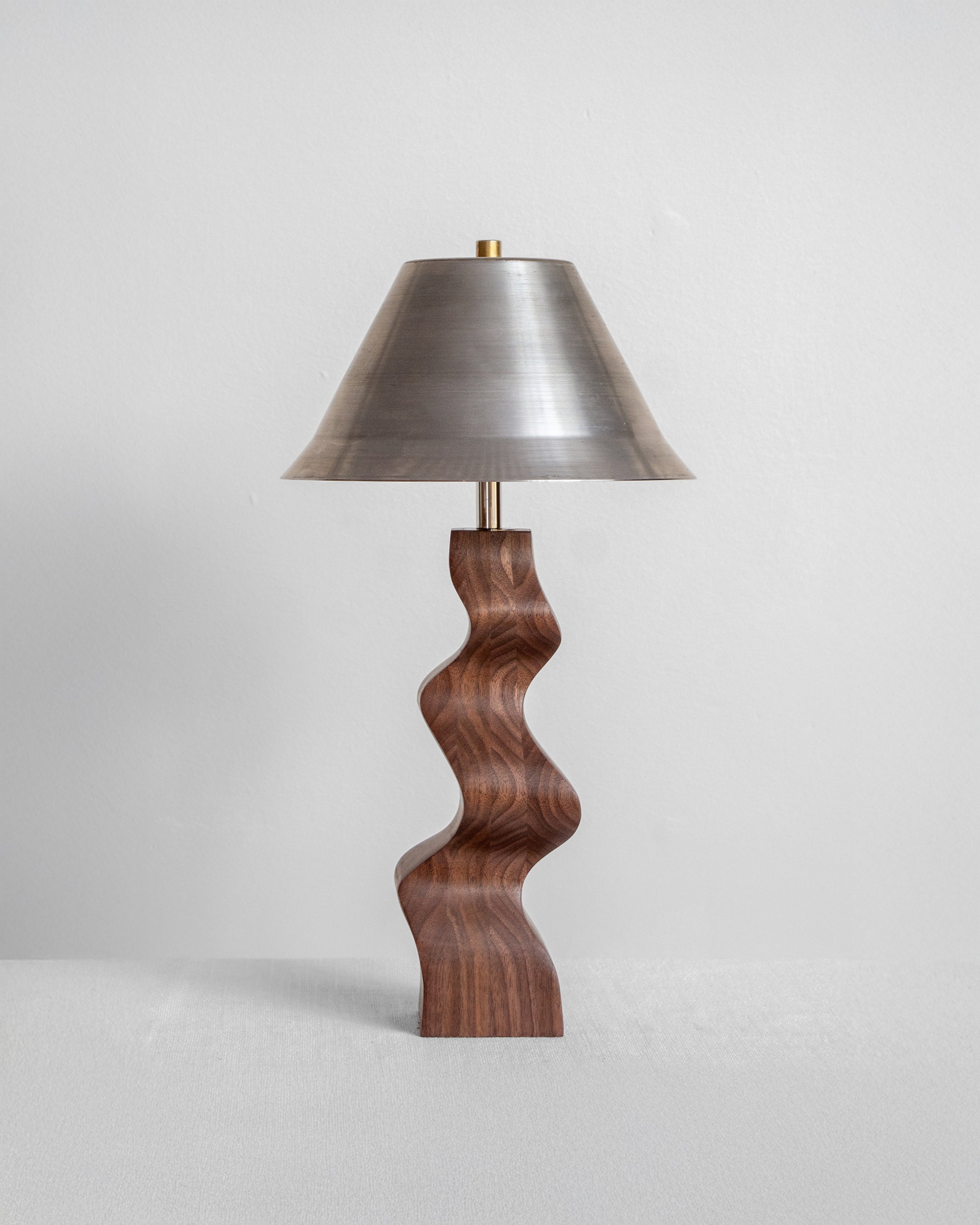 Rippled Desk Lamp in Walnut with Raw Steel Shade with UK, EU and US/CA wiring available on white background Wilkinson & Rivera