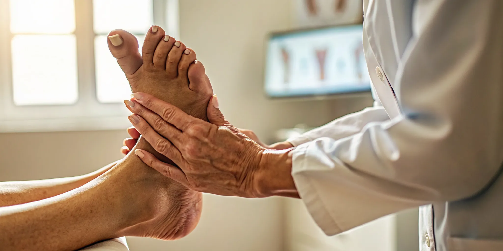 A podiatrist performing a gentle foot exam on an older adult in a clean medical office
