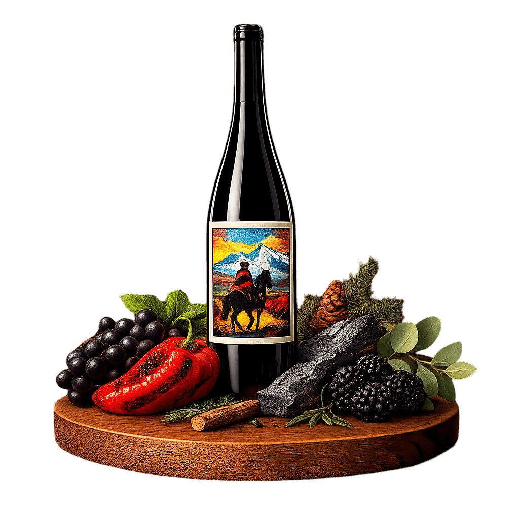 Artistic label and flavor profile for Argentinian Cabernet Sauvignon on a rustic wooden table.