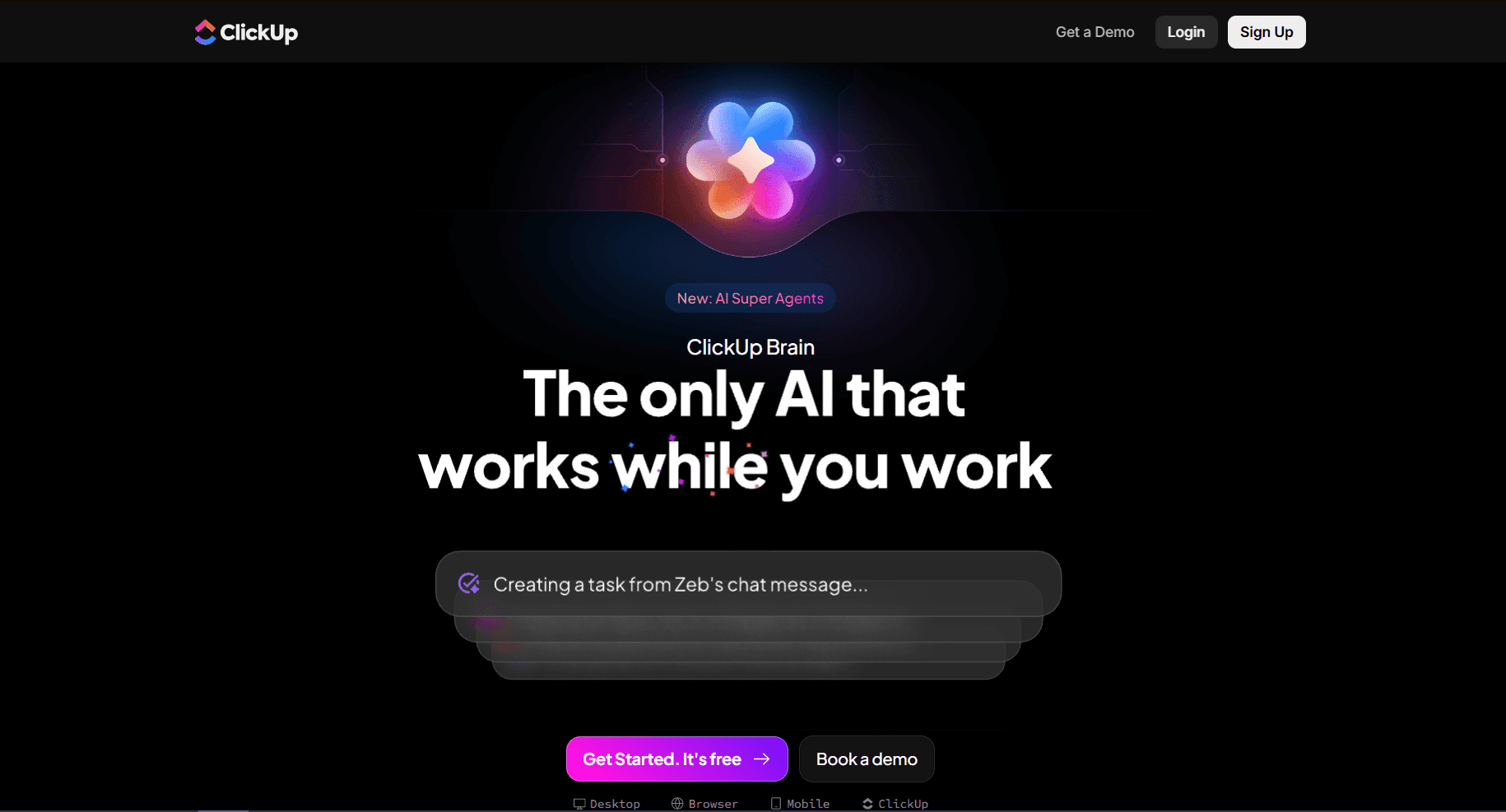 Homepage screenshot of ClickUp Brain featuring the headline “The only AI that works while you work” with buttons to get started or book a demo.