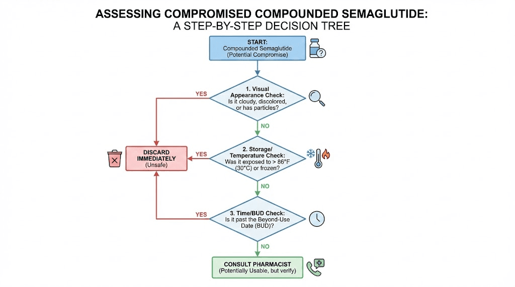Decision flowchart for assessing degraded compounded semaglutide
