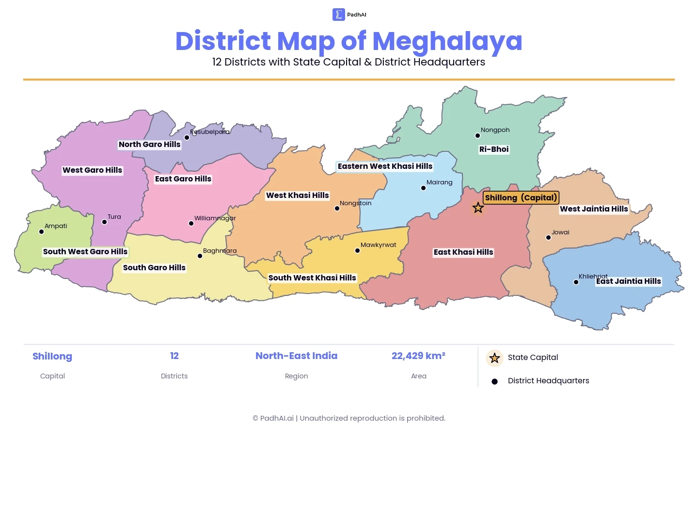 meghalaya map showing districts capital and district headquarters