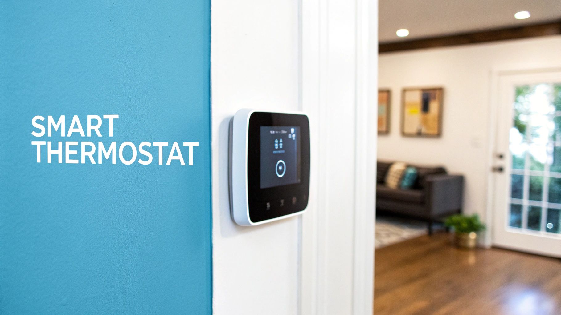 A modern smart thermostat mounted on a white wall with 'SMART THERMOSTAT' text on a blue wall.