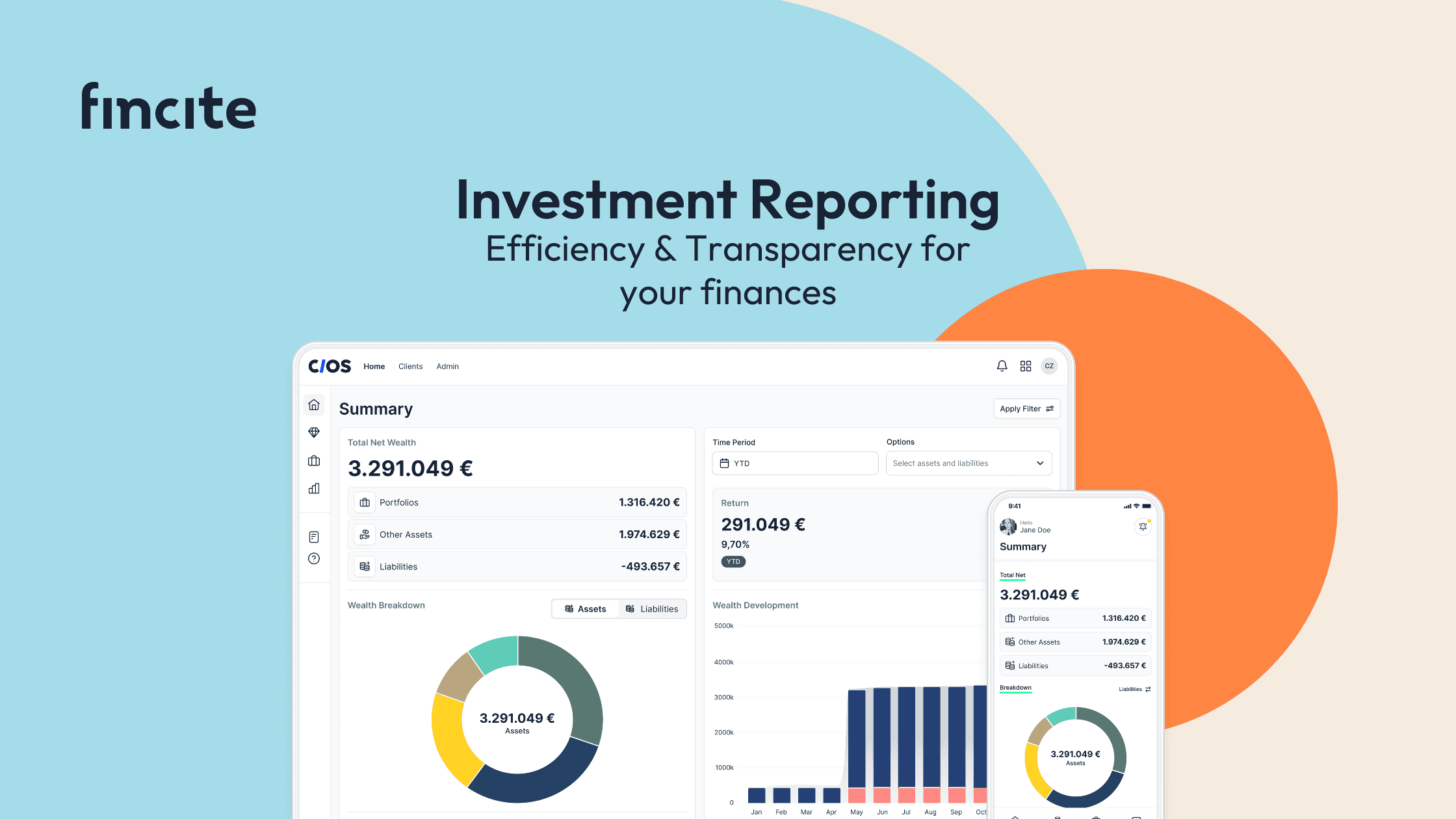 fincite • cios Dashboard, Investment Reporting, Diagrammen und Echtzeit-Analysen, inklusive mobiler und Desktop-Ansicht, Efficiency & Transparency for your finances