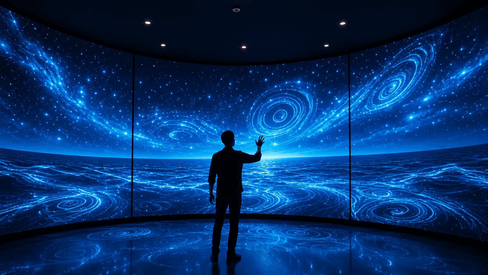 Modern experience centre with high-resolution LED display and comfortable seating