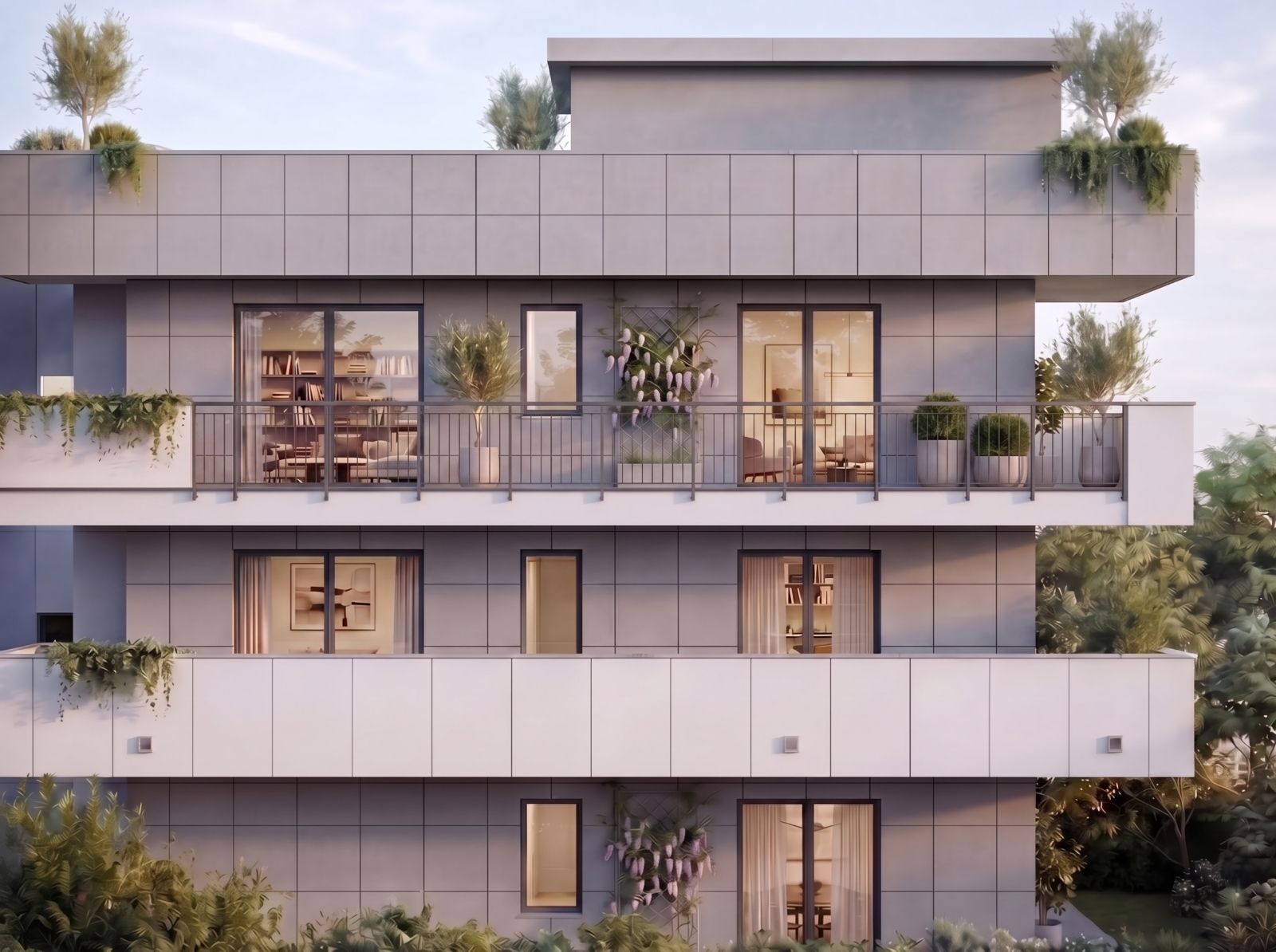 Rendering della facciata esterna di un complesso residenziale di nuova costruzione alle porte di Torino (Collegno), con appartamenti moderni in classe A4 vicino alla metropolitana.