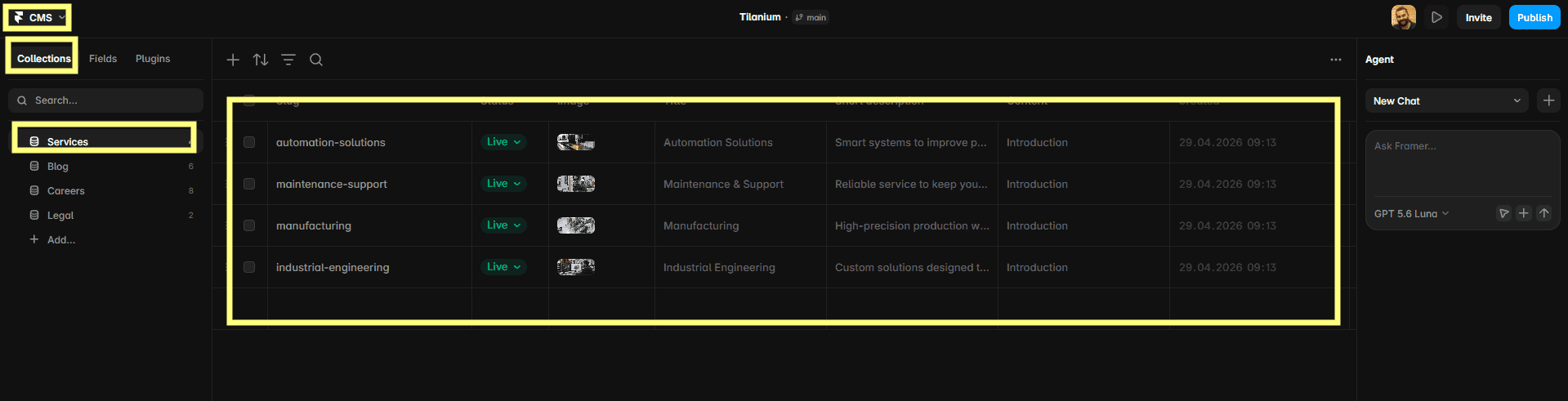 Editing Tilanium service cards through the Services CMS collection