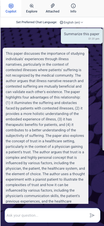 Screenshot of Enago Read Copilot summarizing a paper on illness narratives, contested suffering, and patient trust.
