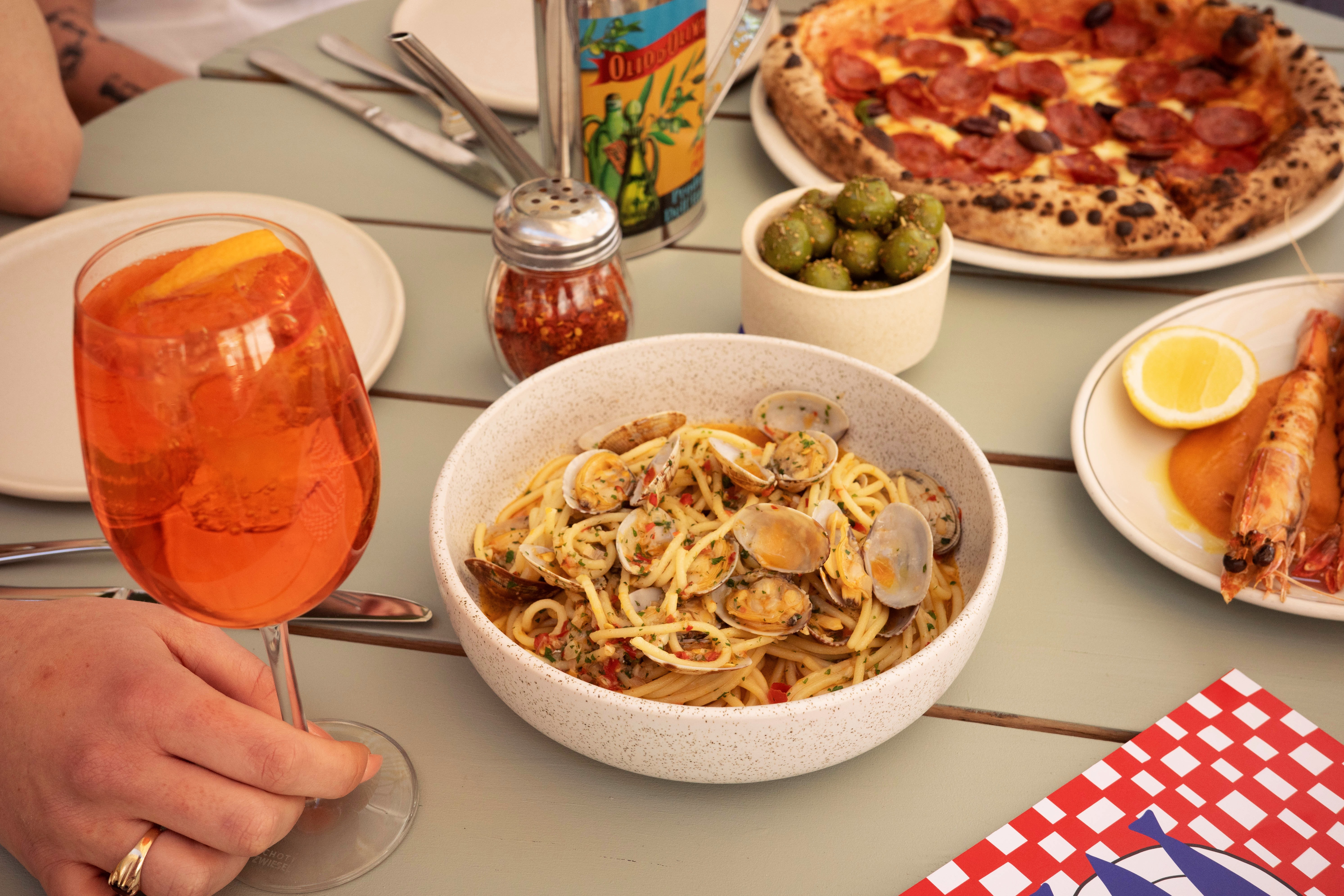 A bowl of spaghetti alla vongole at Afloat