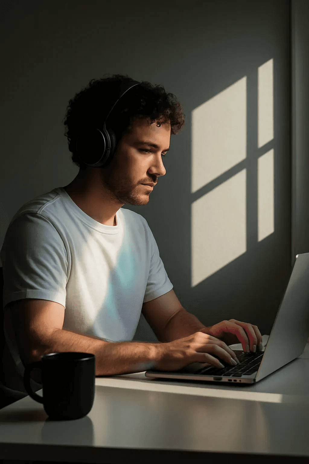 Man wearing headphones and a white t-shirt working on a laptop in soft natural light, with window shadows cast on the wall.