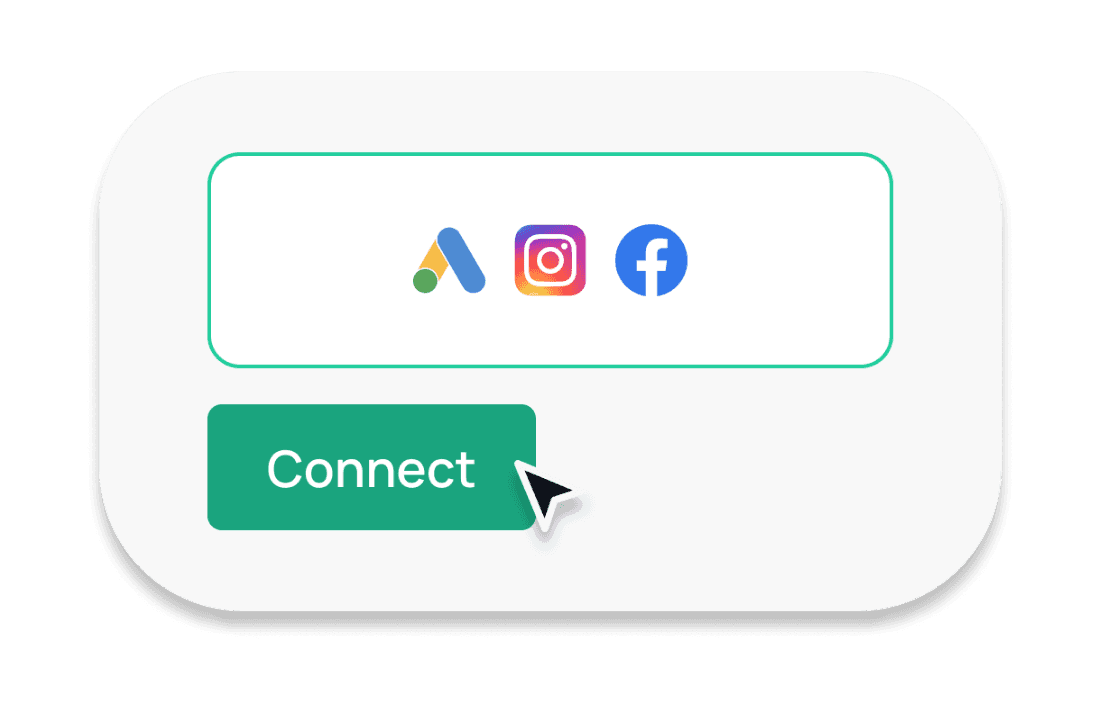Logos von Google Ads, Instagram, Facebook und Google Analytics, die über einem grünen „Verbinden“-Button angezeigt werden, über den ein Cursor schwebt.