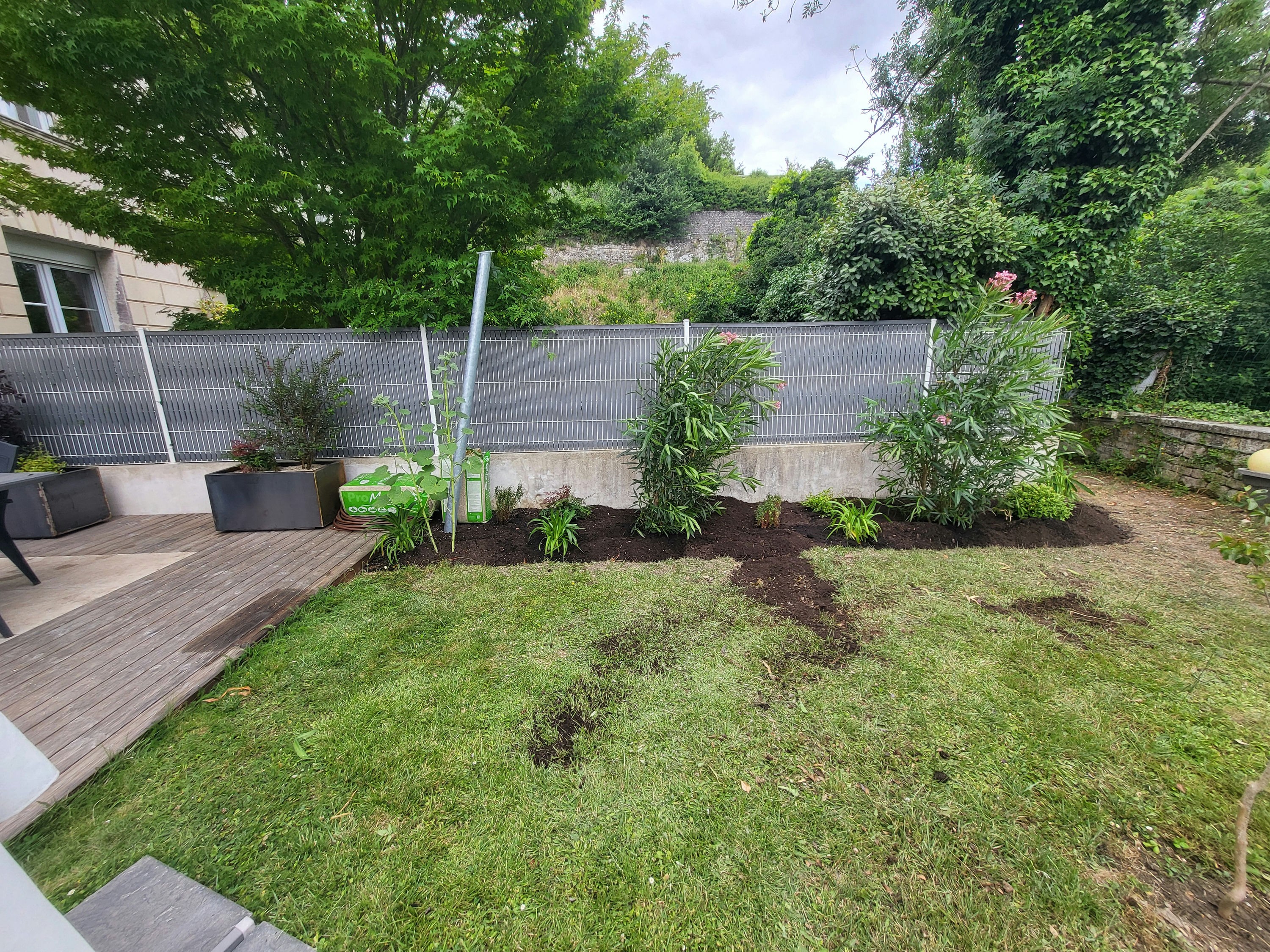 Massif planté de lauriers-roses au pied d'une clôture, pelouse et terrasse en bois à Taillebourg
