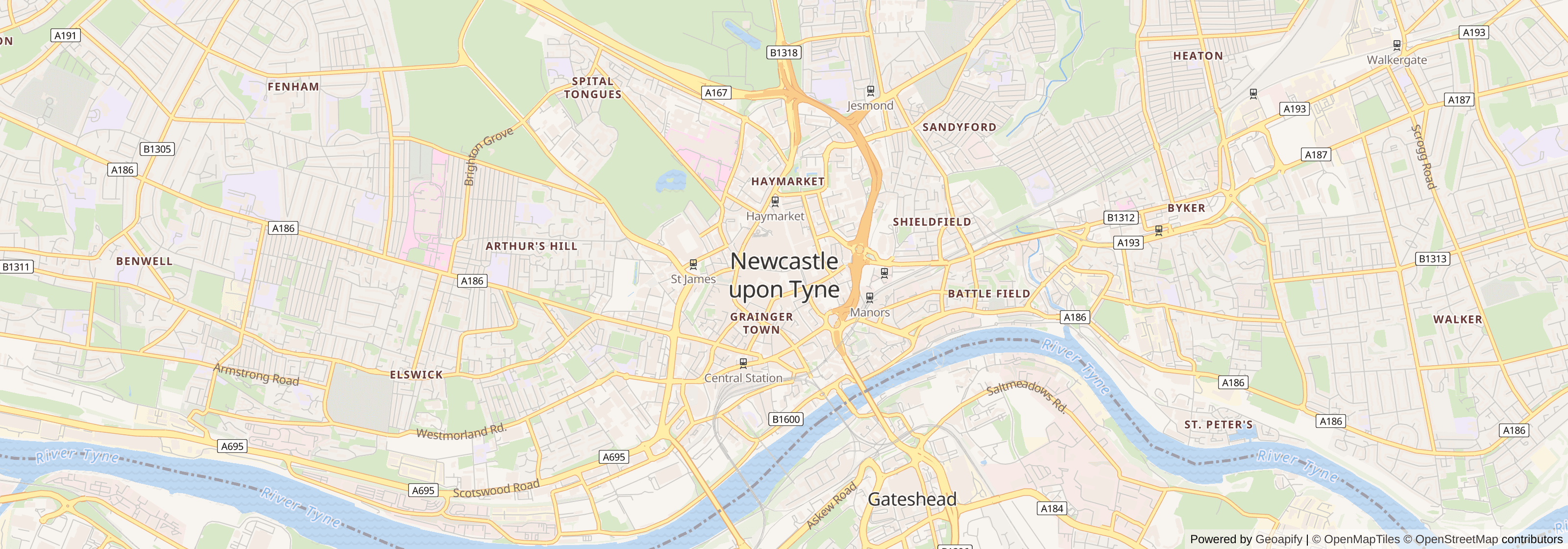Street map of Newcastle upon Tyne, Tyne and Wear showing main roads and nearby areas